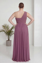 Büyük Beden Gül Kurusu Tek Omuz Piliseli Şifon Uzun Abiye