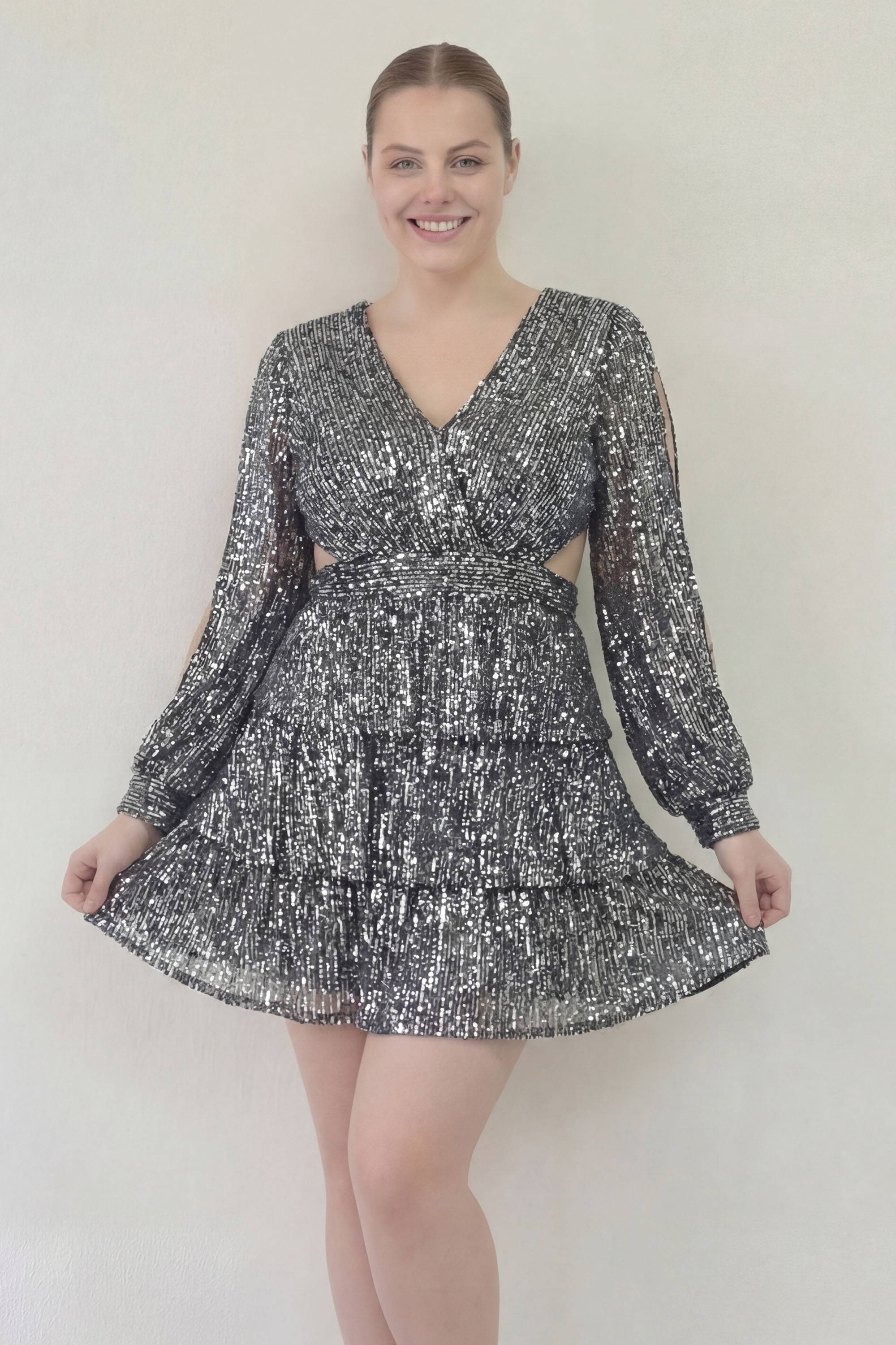 uzun kollu pul payet gümüş gri eteği kat kat mezuniyet için büyük beden abiye elbise kısa 