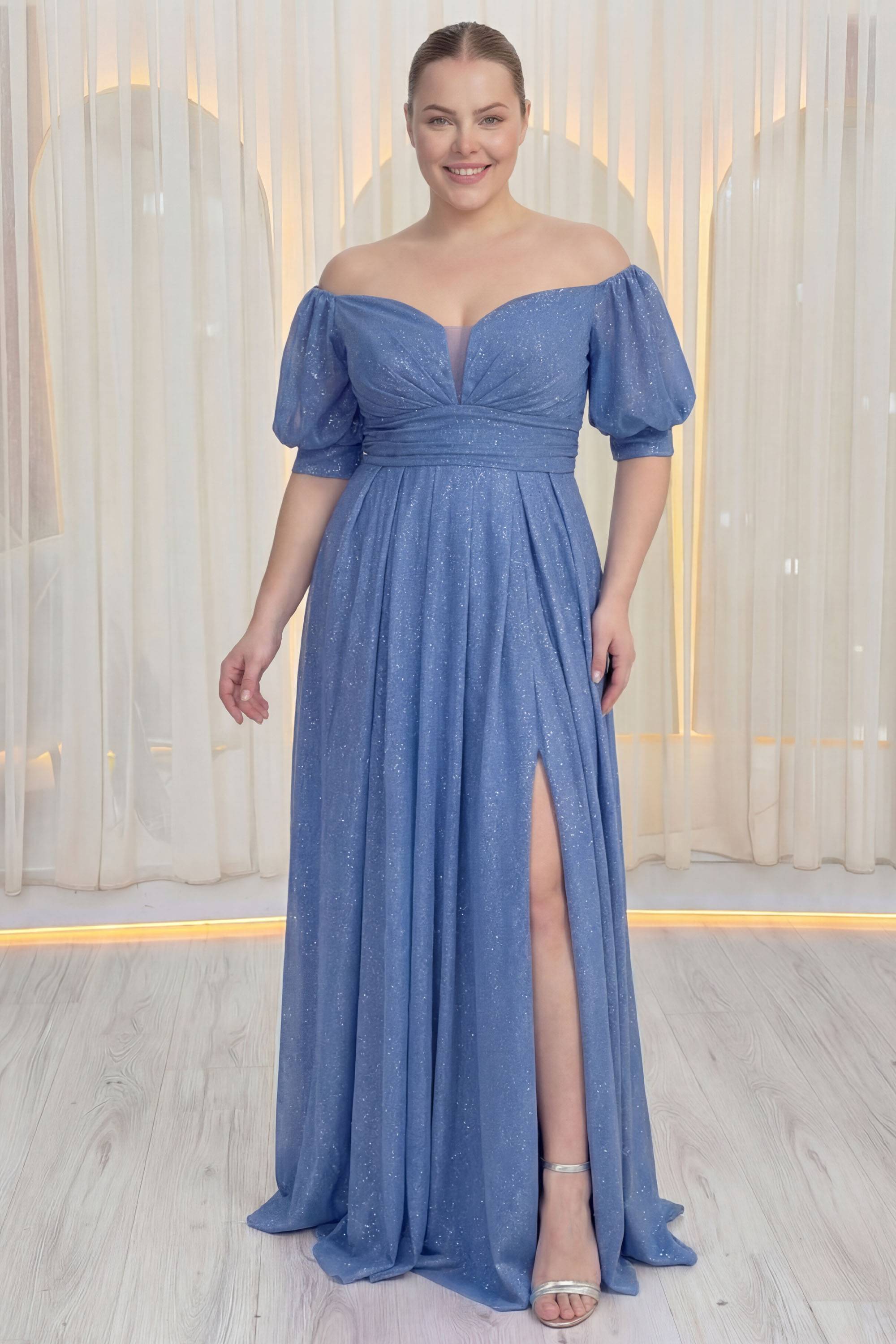 Büyük beden indigo  kısa balon kollu kalp yakalı düşük omuzlu yırtmaçlı hamile elbisesi uzun abiye