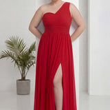 Büyük Beden Kırmızı Tek Omuz Piliseli Şifon Uzun Abiye