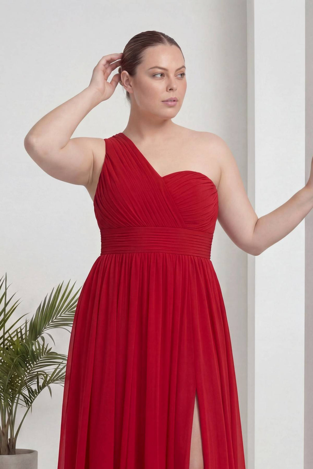 Büyük Beden Kırmızı Tek Omuz Piliseli Şifon Uzun Abiye