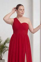 Büyük Beden Kırmızı Tek Omuz Piliseli Şifon Uzun Abiye