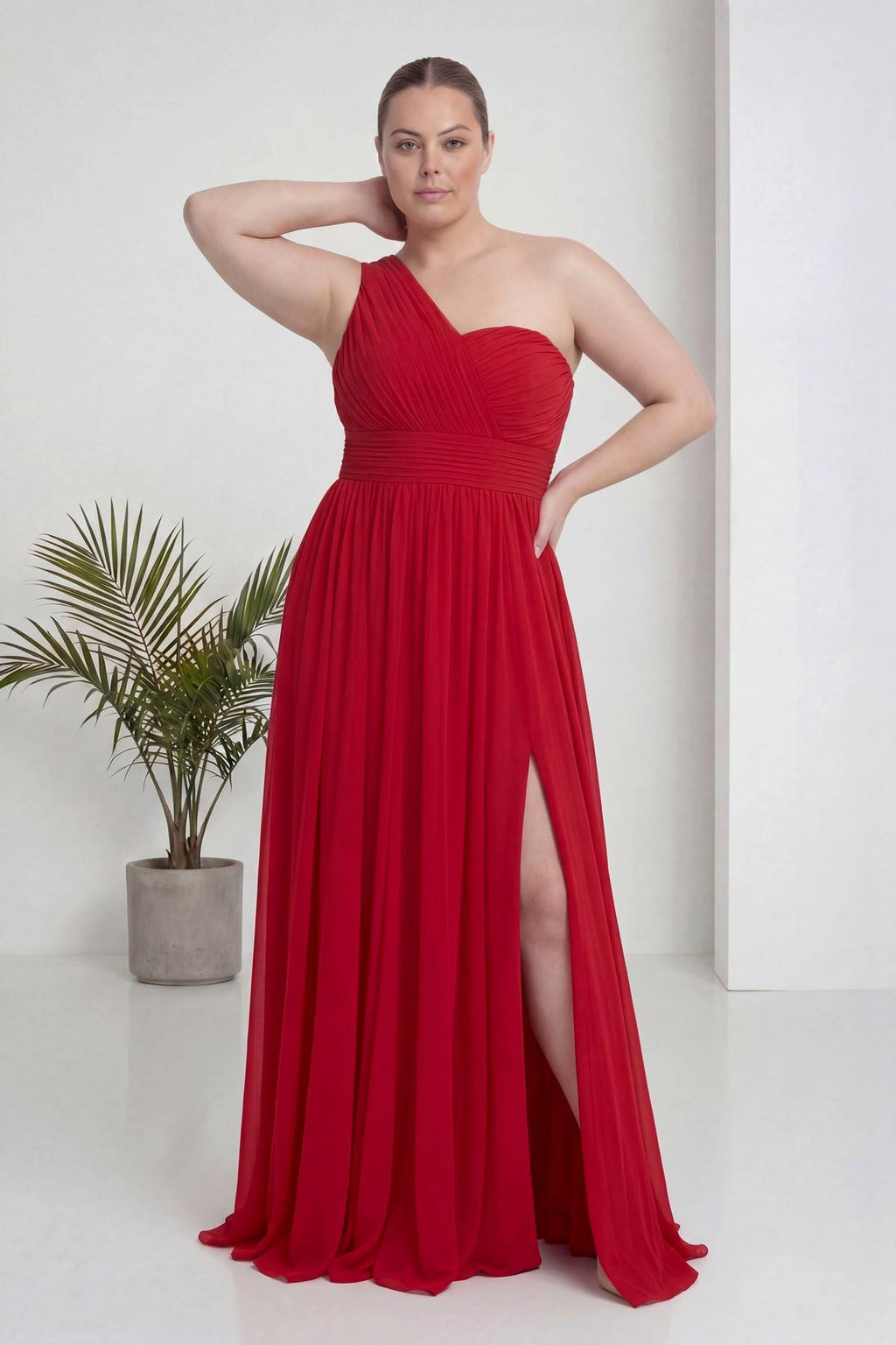 Büyük Beden Kırmızı Tek Omuz Piliseli Şifon Uzun Abiye