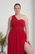 Büyük Beden Kırmızı Tek Omuz Piliseli Şifon Uzun Abiye