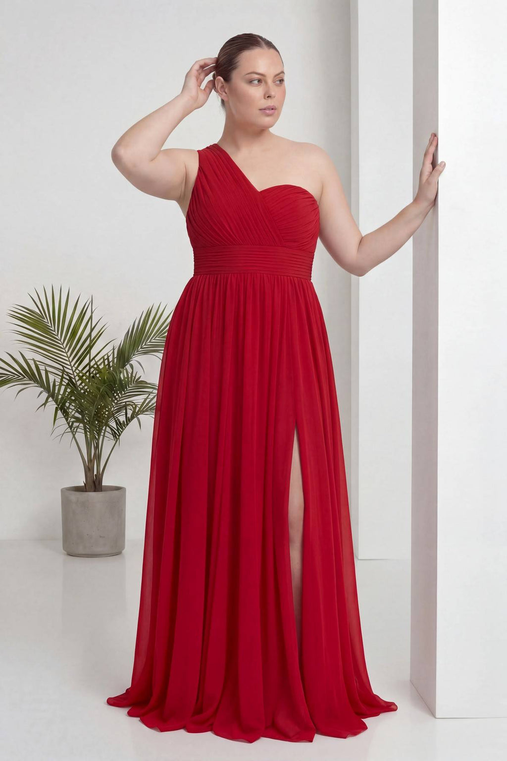 Kırmızı Tek Omuz Piliseli Kloş Abiye Elbise