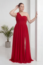 Kırmızı Tek Omuz Piliseli Kloş Abiye Elbise