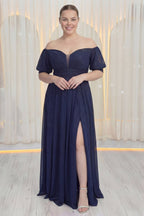 Büyük beden uzun boy A kesim hamile için kısa balon kollu simli tül abiye lacivert