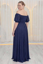 Arka ortadan fermuar kapamalı düşük omuzlu lacivert simli tül kumaş kısa kollu uzun büyük beden abiye 