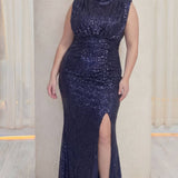 Büyük Beden Lacivert Payet Dik Yaka Drapeli Uzun Abiye Elbise