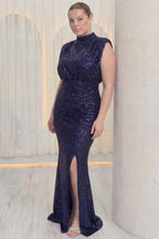 Büyük beden Uzun balık model sıfır kol vatkalı lacivert abiye yırtmaçlı drape detaylı 