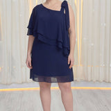 Büyük Beden Lacivert Tek Omuz Şifon Abiye – Volanlı Fiyonk
