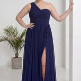 Büyük Beden Lacivert Tek Omuz Piliseli Şifon Uzun Abiye