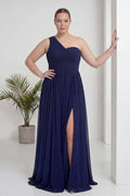 Büyük Beden Lacivert Tek Omuz Piliseli Şifon Uzun Abiye