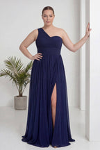 Büyük Beden Lacivert Tek Omuz Piliseli Şifon Uzun Abiye