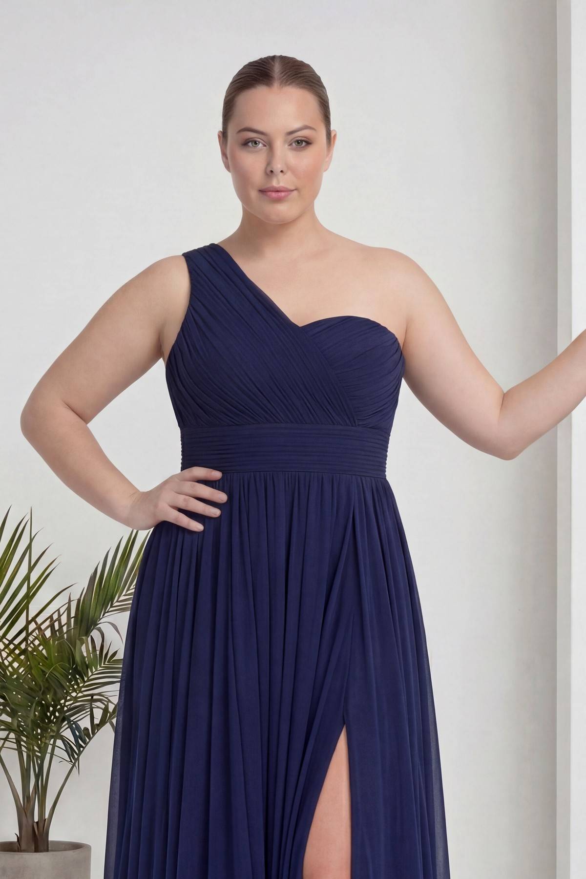 Büyük Beden Lacivert Tek Omuz Piliseli Şifon Uzun Abiye