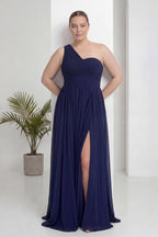 Büyük Beden Lacivert Tek Omuz Piliseli Şifon Uzun Abiye