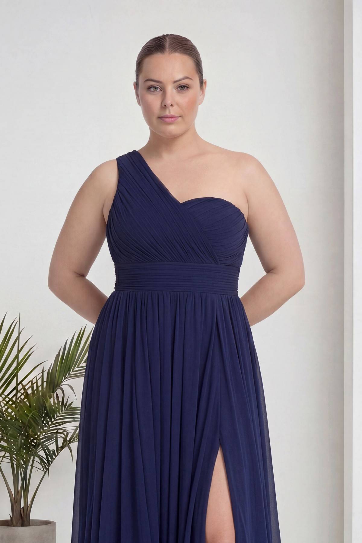 Büyük Beden Lacivert Tek Omuz Piliseli Şifon Uzun Abiye