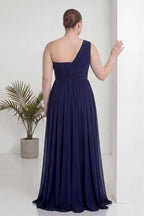 Büyük Beden Lacivert Tek Omuz Piliseli Şifon Uzun Abiye