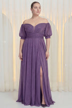 uzun boy kısa kollu lila simli tül bele oturan büyük beden abiye 