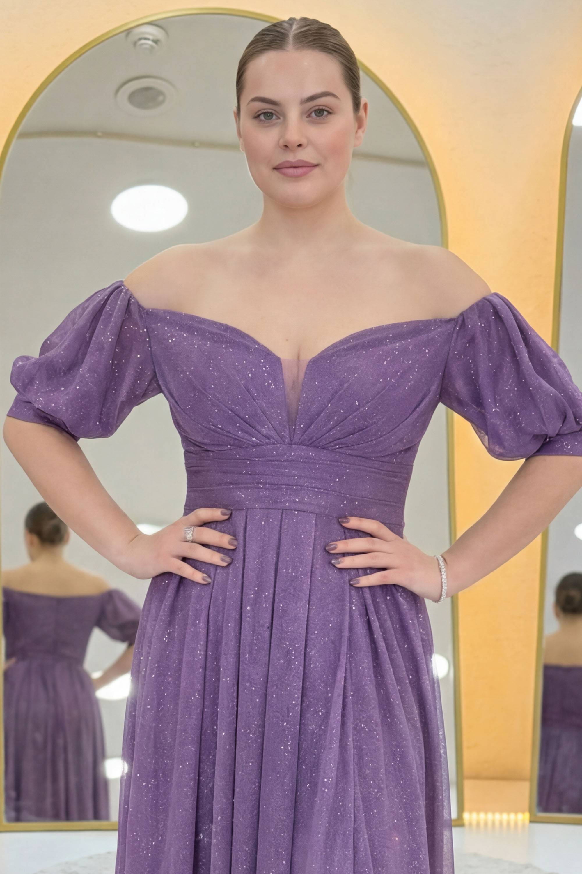 Düşük omuz kısa balon kollu lila bele oturn A kesim tül kumaş abiye düğün davet içi