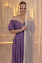 Büyük beden lila A kesim kalp yakalı düşük omuzlu simli tül kısa balon kol abiye uzun