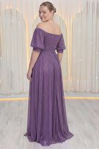 Arka lila simli tül kısa kollu uzun A kesim bele oturan arka ortadan fermuar kapamalı abiye büyük beden