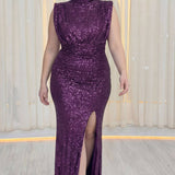 Büyük Beden Mürdüm Payet Dik Yaka Drapeli Abiye Elbise