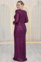 Arkadan uzun kollu büyük beden mürdüm pul payet kumaşlı maxi boy uzun kollu abiye kış