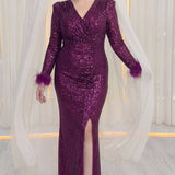 Büyük Beden Mor Pul Payet Tüylü Uzun Abiye Elbise