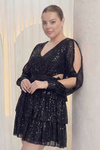 Büyük beden after siyah payetli uzun kollu eteği kat kat abiye elbise 