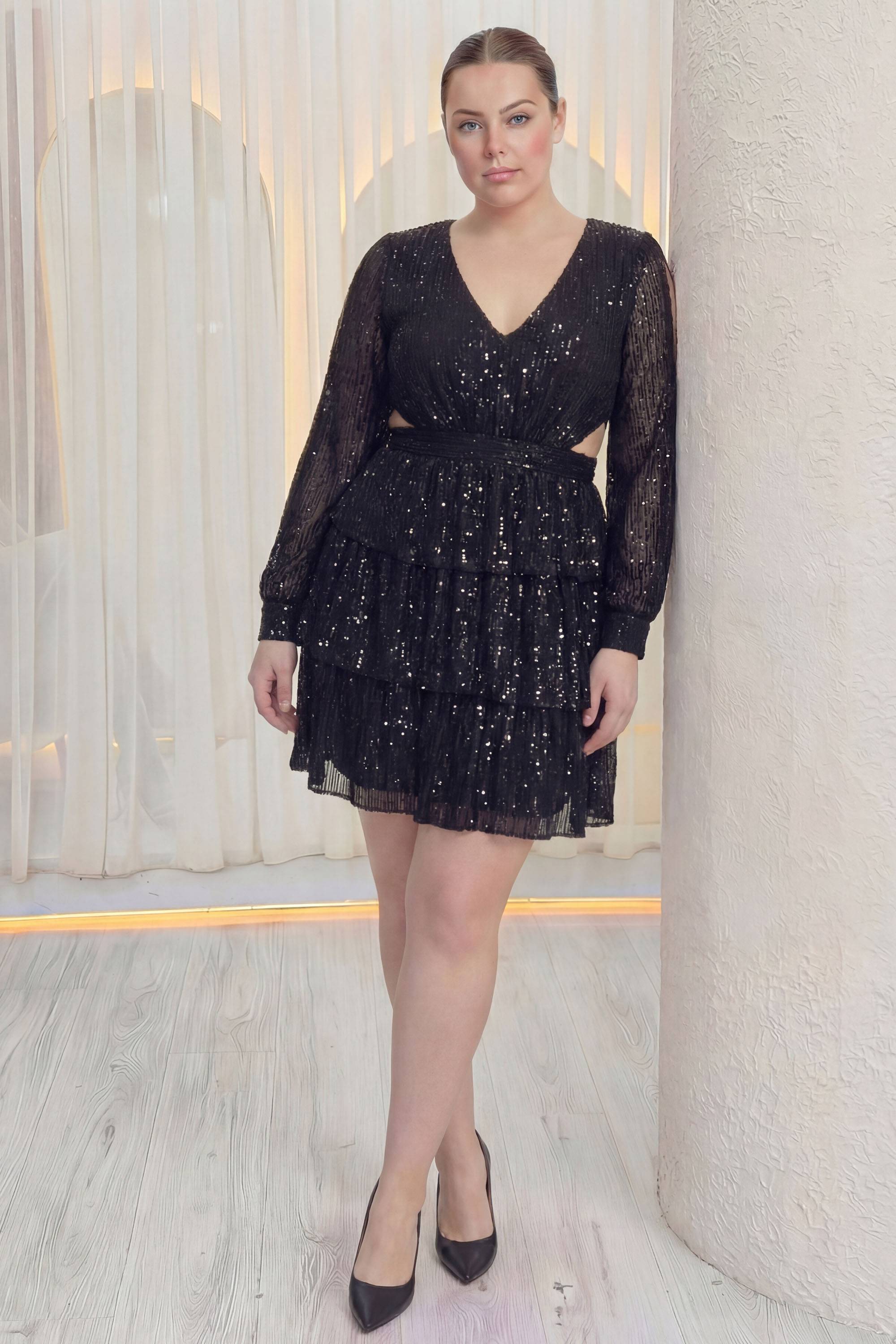 Siyah mini boy pul payet uzun kollu cut out detaylı abiye büyük beden 