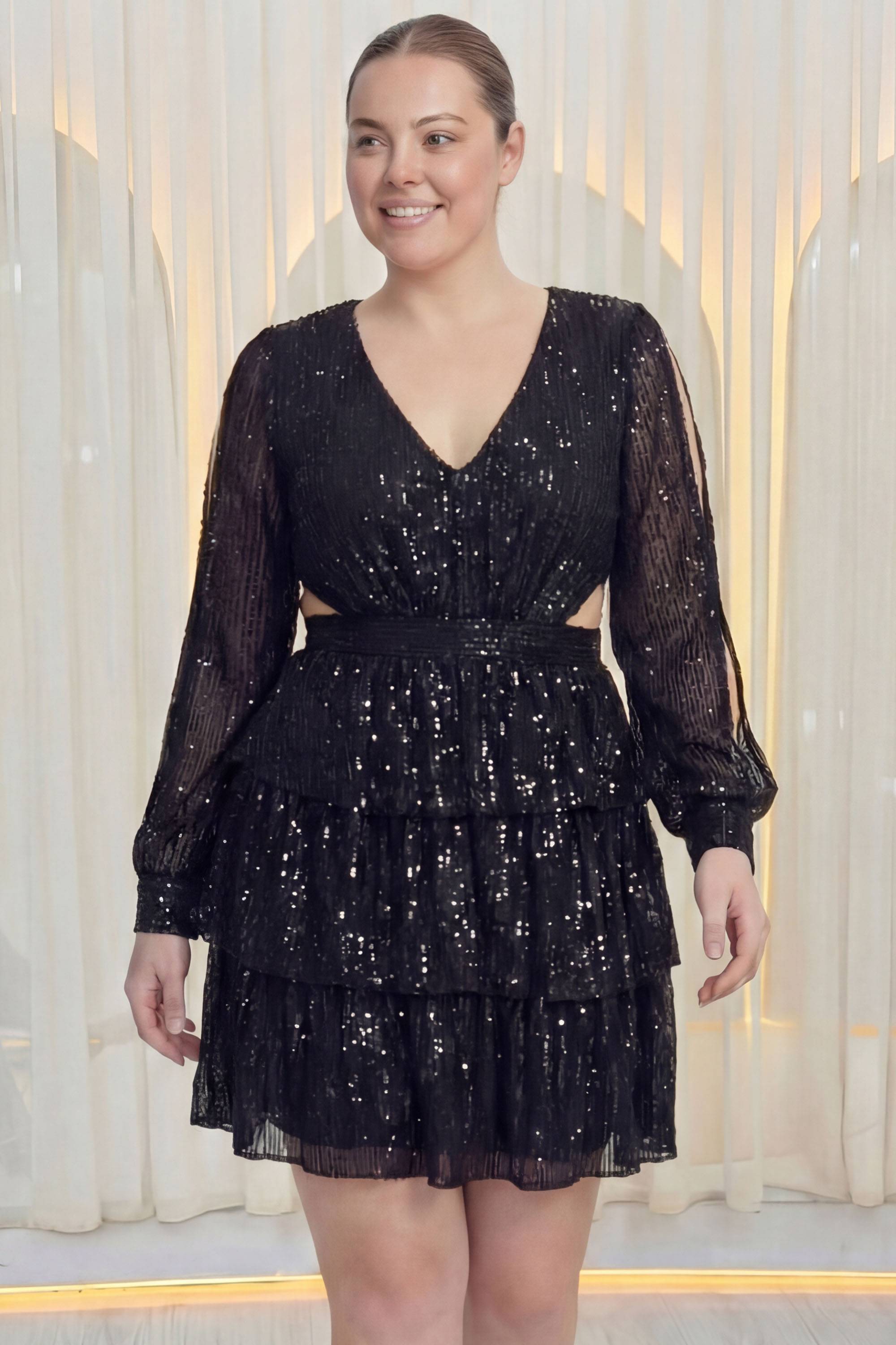 Siyah büyük beden after party elbisesi uzun kollu mini boy payetli abiye 