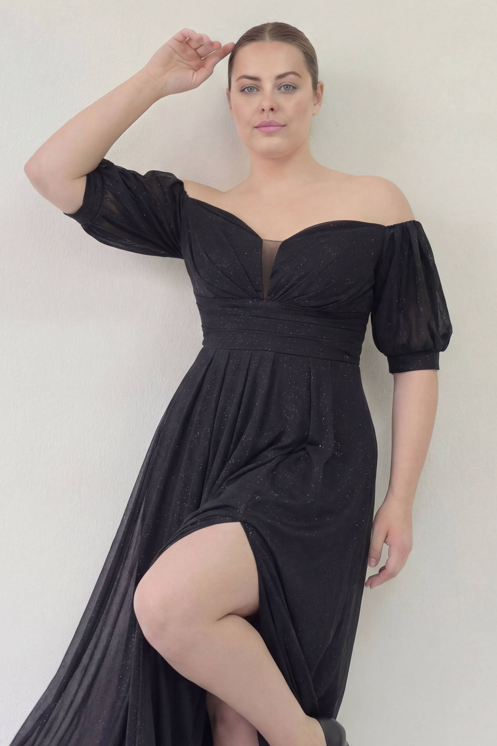 büyük beden yırtmaçlı kısa kollu düşük omuzlu nedime elbisesi siyah abiye uzun