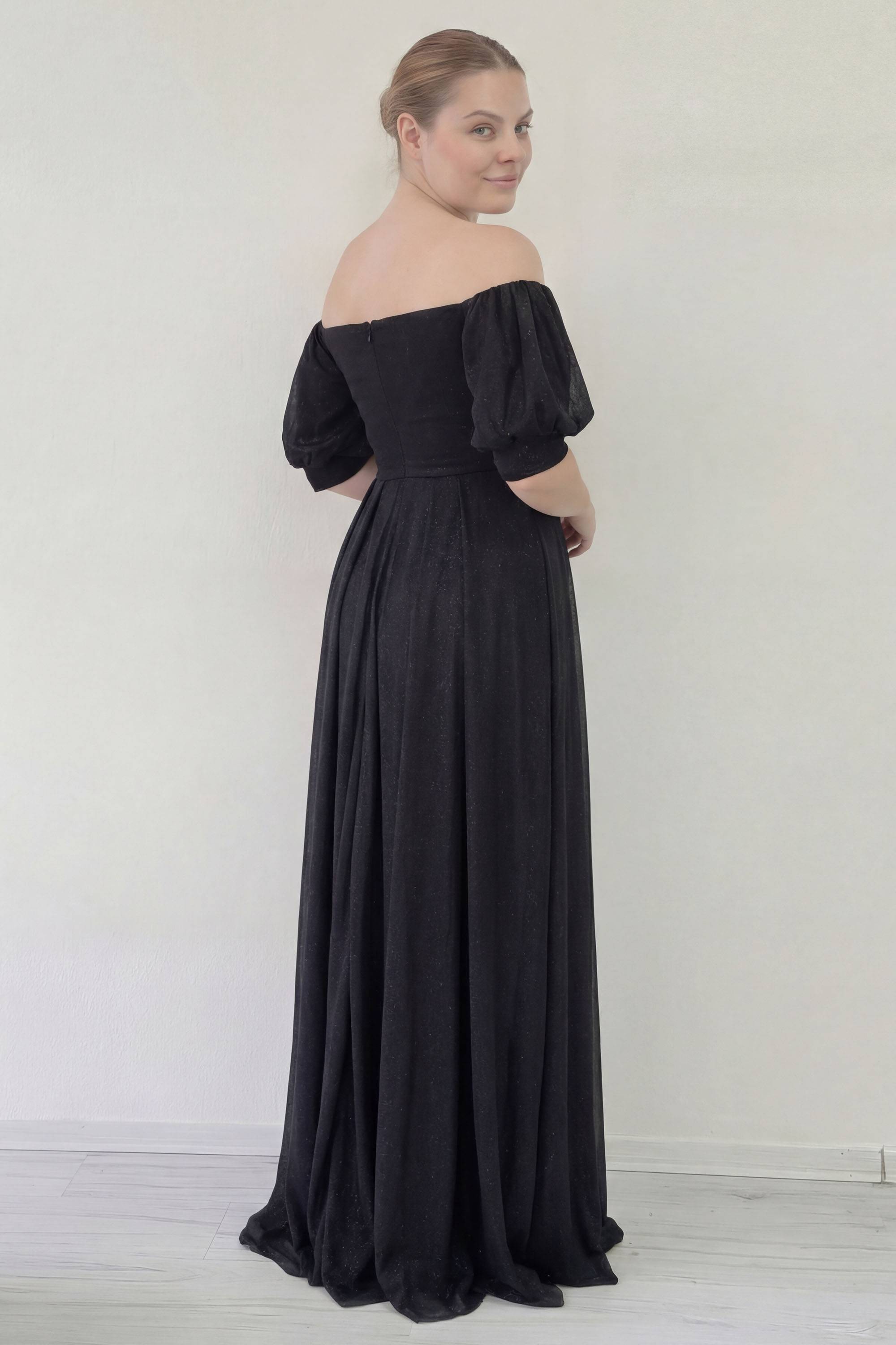 Arka ortadan fermuarlı kısa balon kollu siyah A kesim simli tül uzun boy abiye elbise büyük beden 