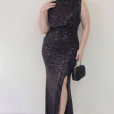 Büyük Beden Siyah Pul Payet Dik Yaka Drapeli Uzun Abiye Elbise