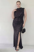 Büyük Beden Siyah Pul Payet Dik Yaka Drapeli Uzun Abiye Elbise