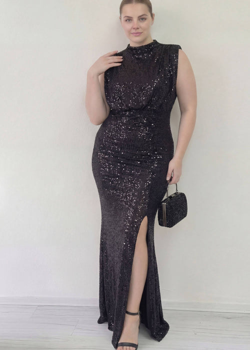 Büyük Beden Siyah Pul Payet Dik Yaka Drapeli Uzun Abiye Elbise