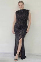 Büyük beden nedime elbisesi siyah uzun vatkalı drapeli sıfır kollu balık model abiye 