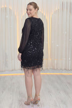 siyah şifon kollu büyük beden abiye elbise düğün arka 