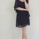 Büyük Beden Siyah Tek Omuz Şifon Abiye – Volanlı Fiyonk Detaylı