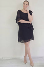 Büyük beden siyah şifon kumaş rahat A kesim kısa elbise astarlı 