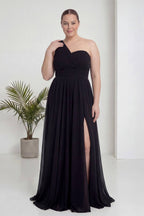 Siyah Tek Omuz Piliseli Kloş Abiye Elbise