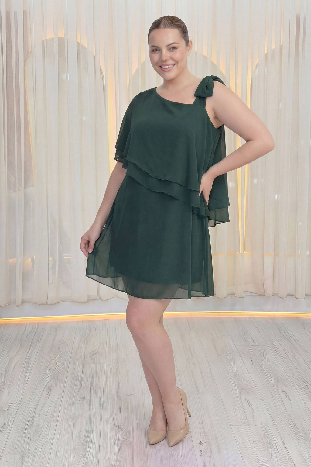 Şifon büyük beden asimetrik omuz bağlama detaylı elbise büyük beden davet