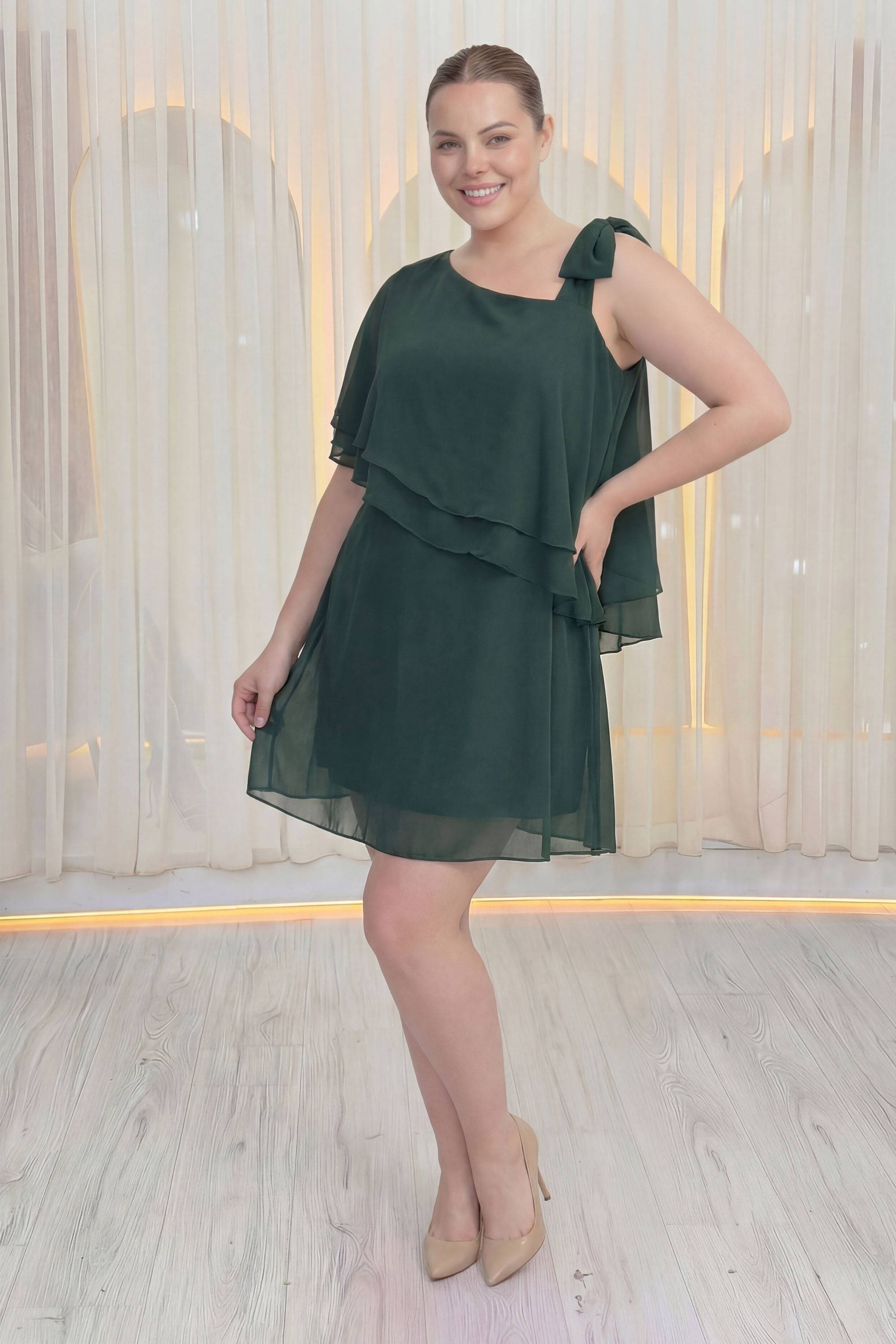 Şifon büyük beden asimetrik omuz bağlama detaylı elbise büyük beden davet