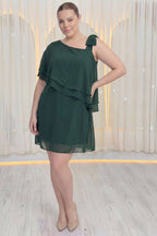 Asimetrik detaylı yeşil büyük beden kısa şifon elbise özel günler için