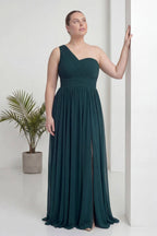 Büyük beden yeşil tek omuz piliseli yırtmaç detay kadın abiye 