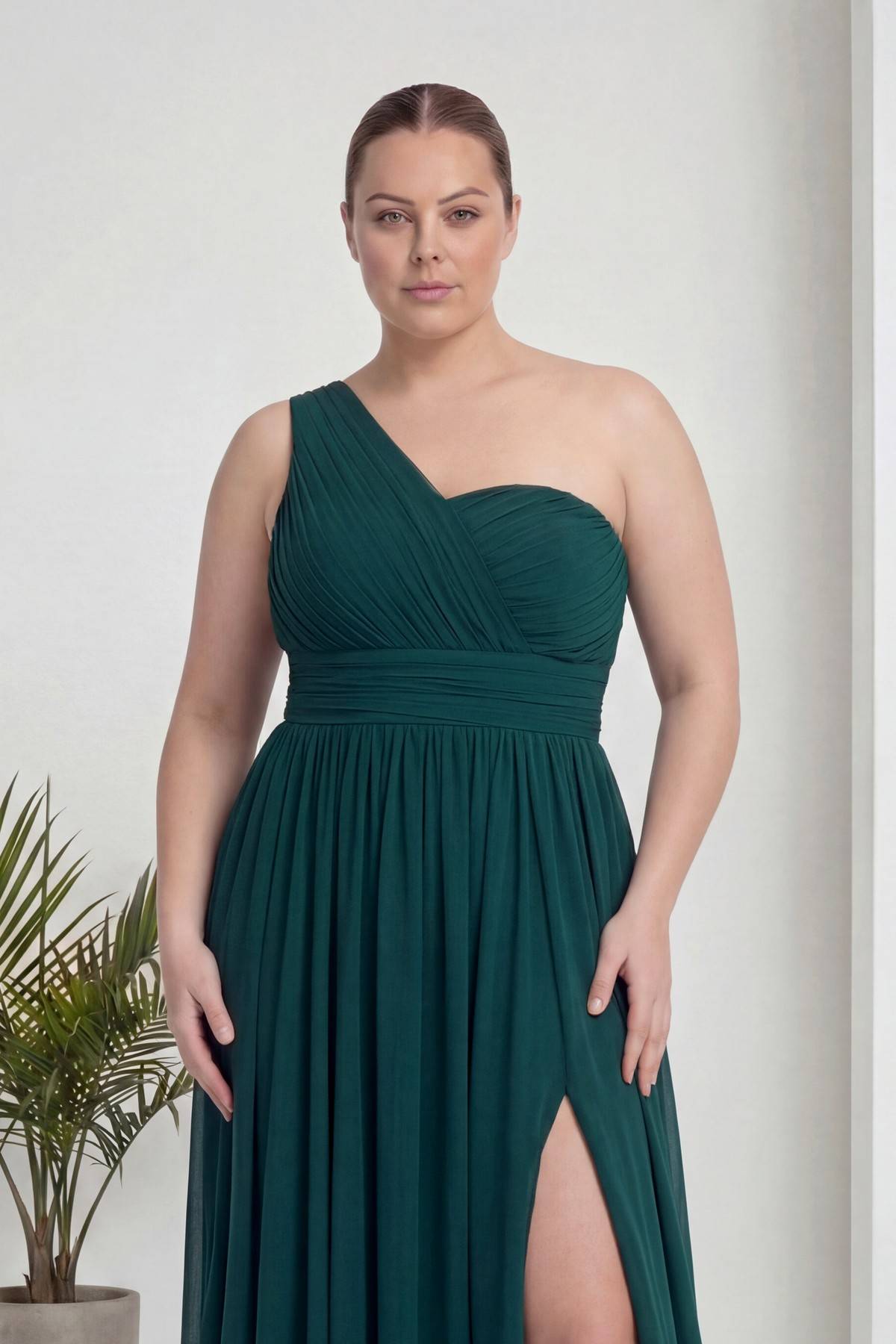 Büyük Beden Yeşil Tek Omuz Piliseli Şifon Uzun Abiye
