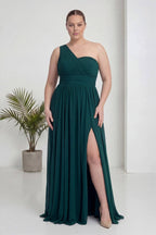 Zümrüt Yeşili Tek Omuz Piliseli Kloş Abiye Elbise