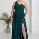 Büyük Beden Yeşil Tek Omuz Piliseli Şifon Uzun Abiye