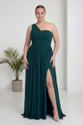 Büyük Beden Yeşil Tek Omuz Piliseli Şifon Uzun Abiye